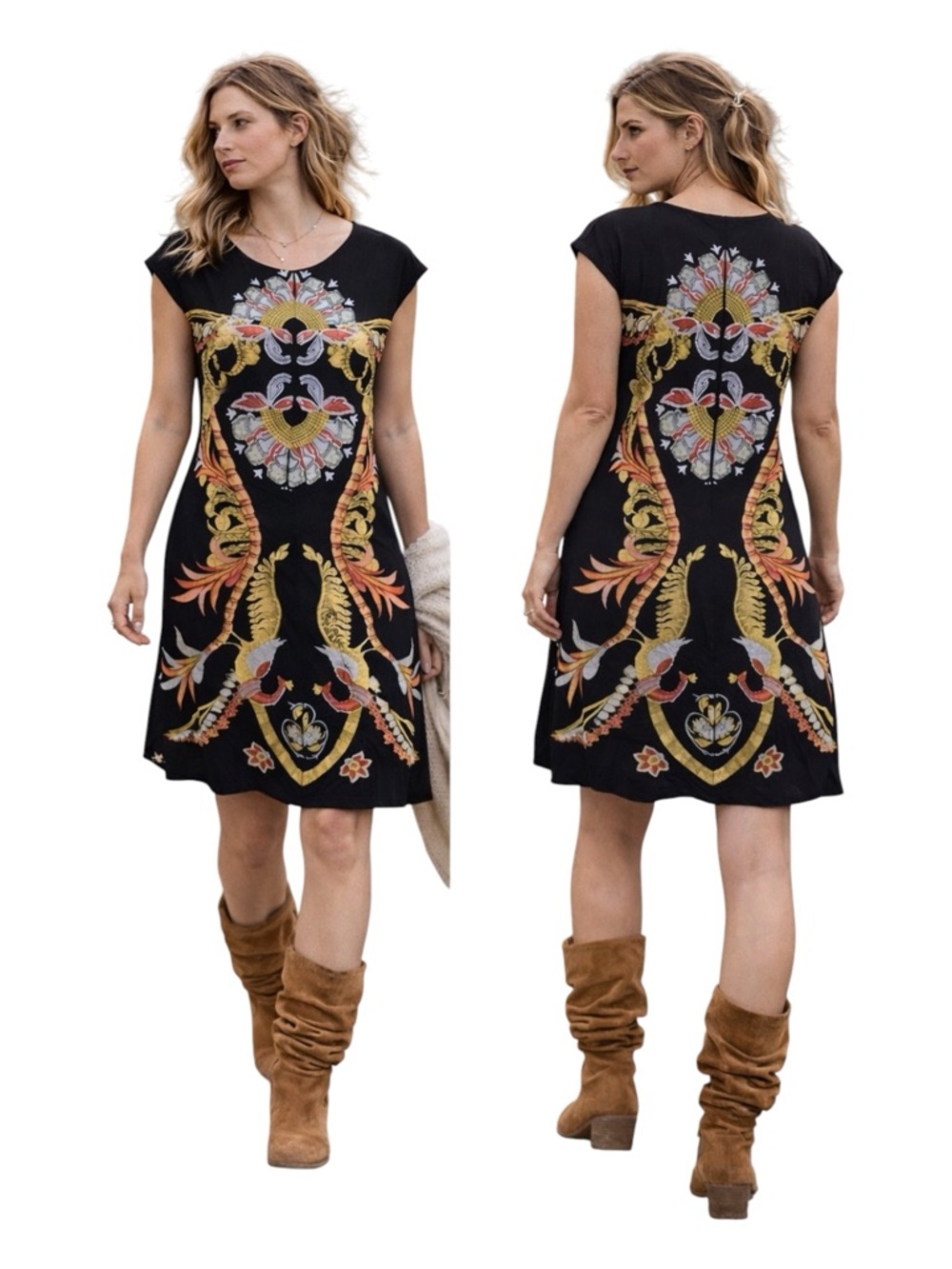 Eva Varro Black Phoenix Print Sheath Dress Women's Small Bohemian Maximalist